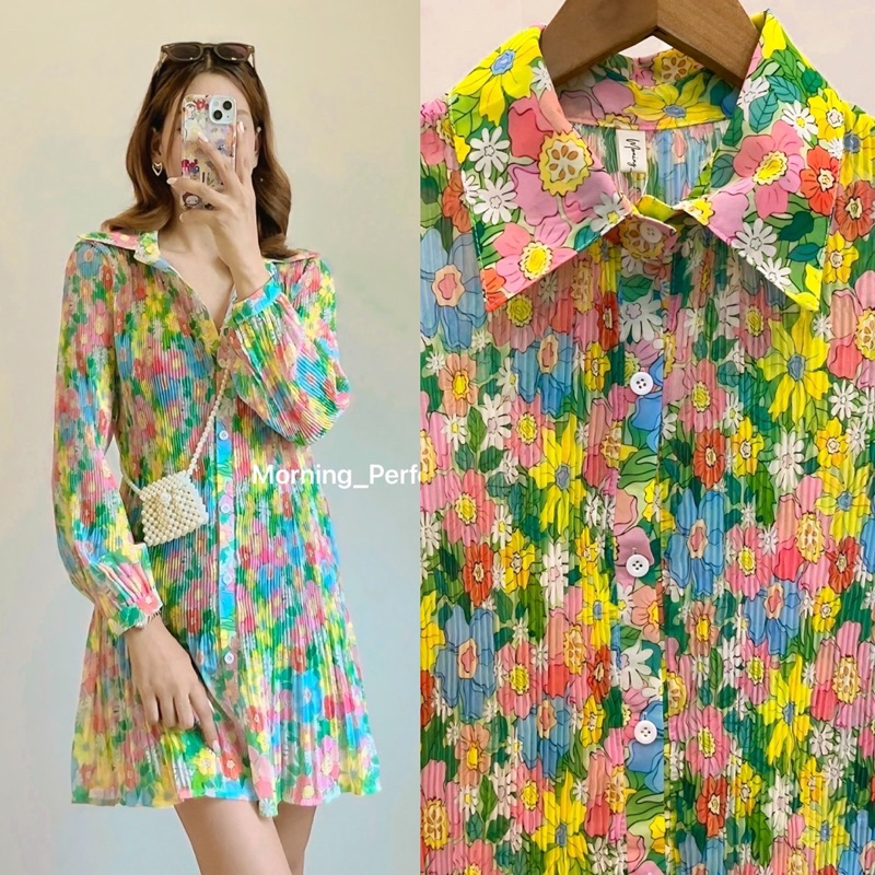 มินิเดรสอัดพลีท เดรสสั้น ผ้าชีฟอง ลายดอกไม้ ลายกราฟฟิก เกาหลีสุดๆ สาวอวบใส่ได้ - รูปที่ 3