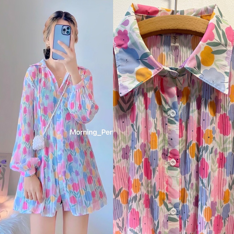 มินิเดรสอัดพลีท เดรสสั้น ผ้าชีฟอง ลายดอกไม้ ลายกราฟฟิก เกาหลีสุดๆ สาวอวบใส่ได้ - รูปที่ 7