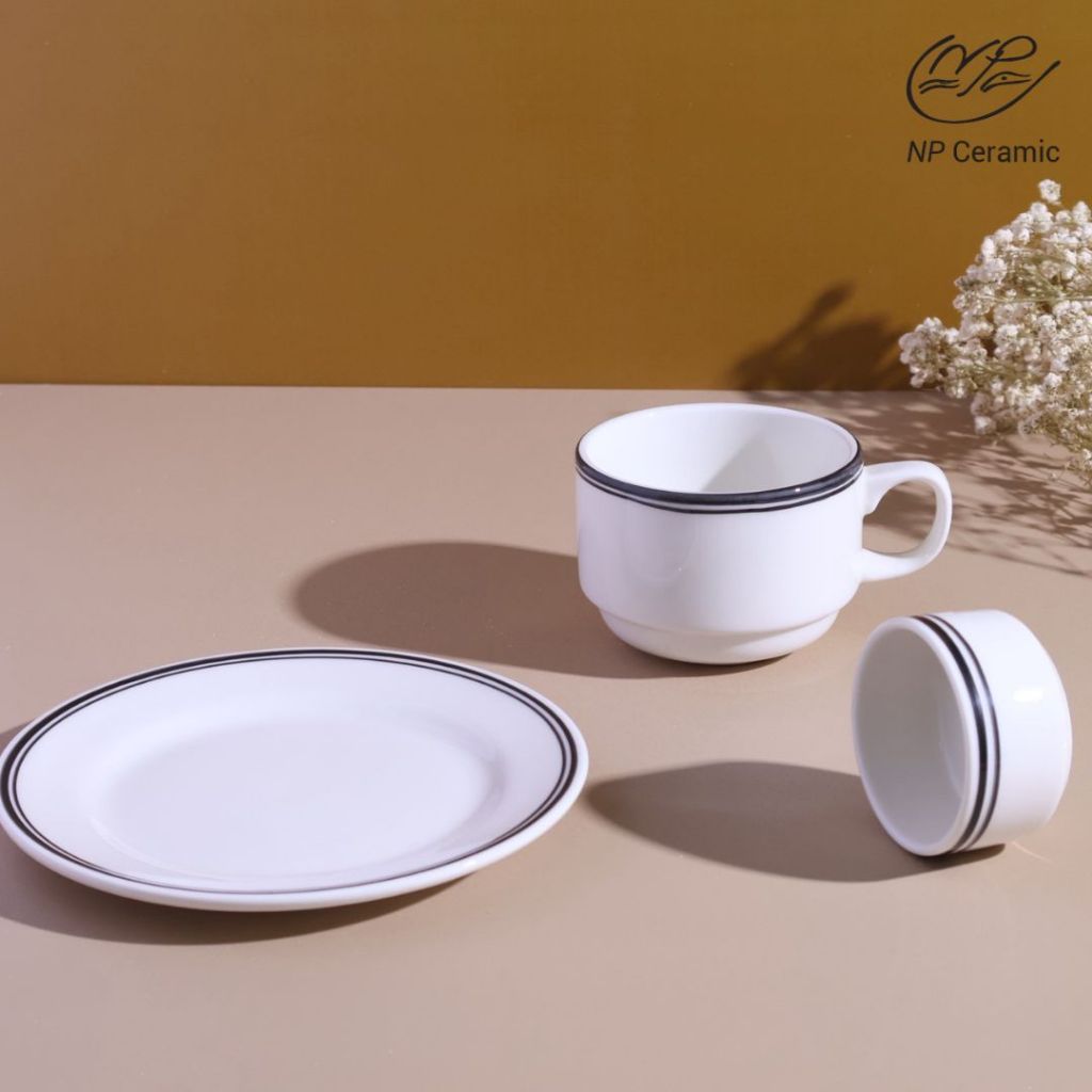 [ลดสูงสุด 80%] NP Ceramic จานเซรามิค สีขาววนขอบดำ สวยมีสไตล์ - รูปที่ 4