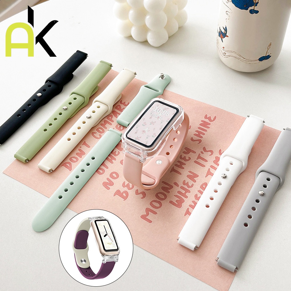AK สายซิลิโคนสําหรับ Huawei Band 10 / 9 / 8 / สายนาฬิกาสําหรับ Honor Band 9 แฟชั่นสีทึบสร้อยข้อมือนุ่มเปลี่