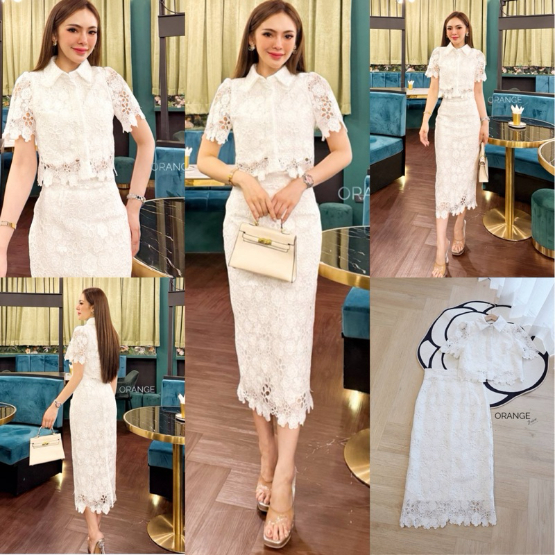 🧡พร้อมส่ง S-4XL🧡ป้าย Orange Juice💕Set เสื้อเชิ้ต กระโปรง ผ้าลูกไม้สีขาว ผ้าดีมาก ชุดงานบุญ