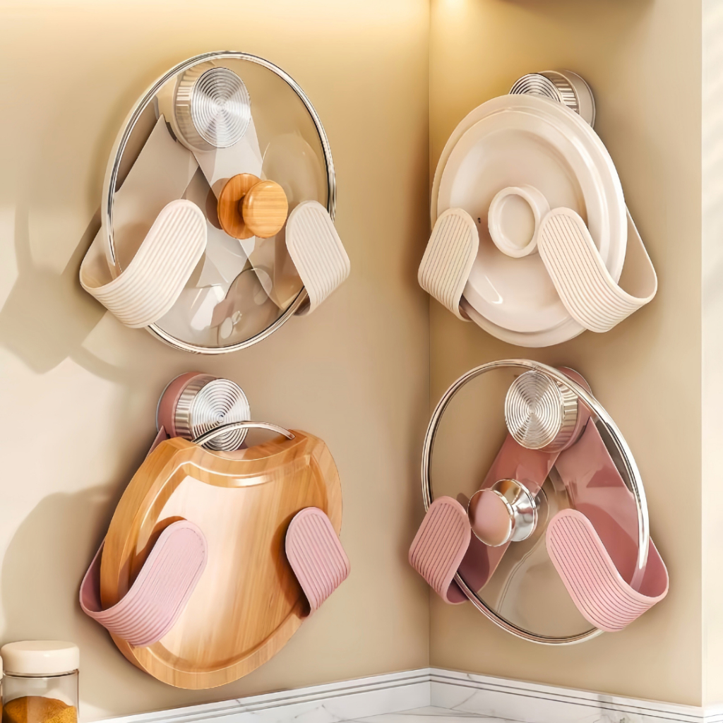 ชั้นวางฝาหม้อสูญญากาศไร้กาว เคลื่อนย้ายและปรับขนาดได้ ไม่ต้องเจาะผนัง ดูดติดผนัง ที่วางฝาหม้อ ชั้นวางของในครัว ที่วางของ - รูปที่ 2