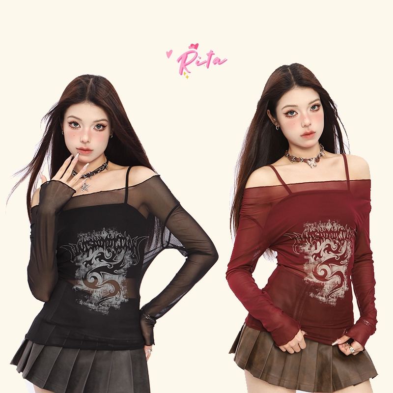 Rita พร้อมส่ง🐲เสื้อครอป เซ็ต2ชิ้น🐲ซีทรูY2K พิมพ์ลายมังกร เสื้อปาดไหล่แขนยาว ทรงรัดรูป เซ็กซี่ผู้หญิง แซ่บๆ