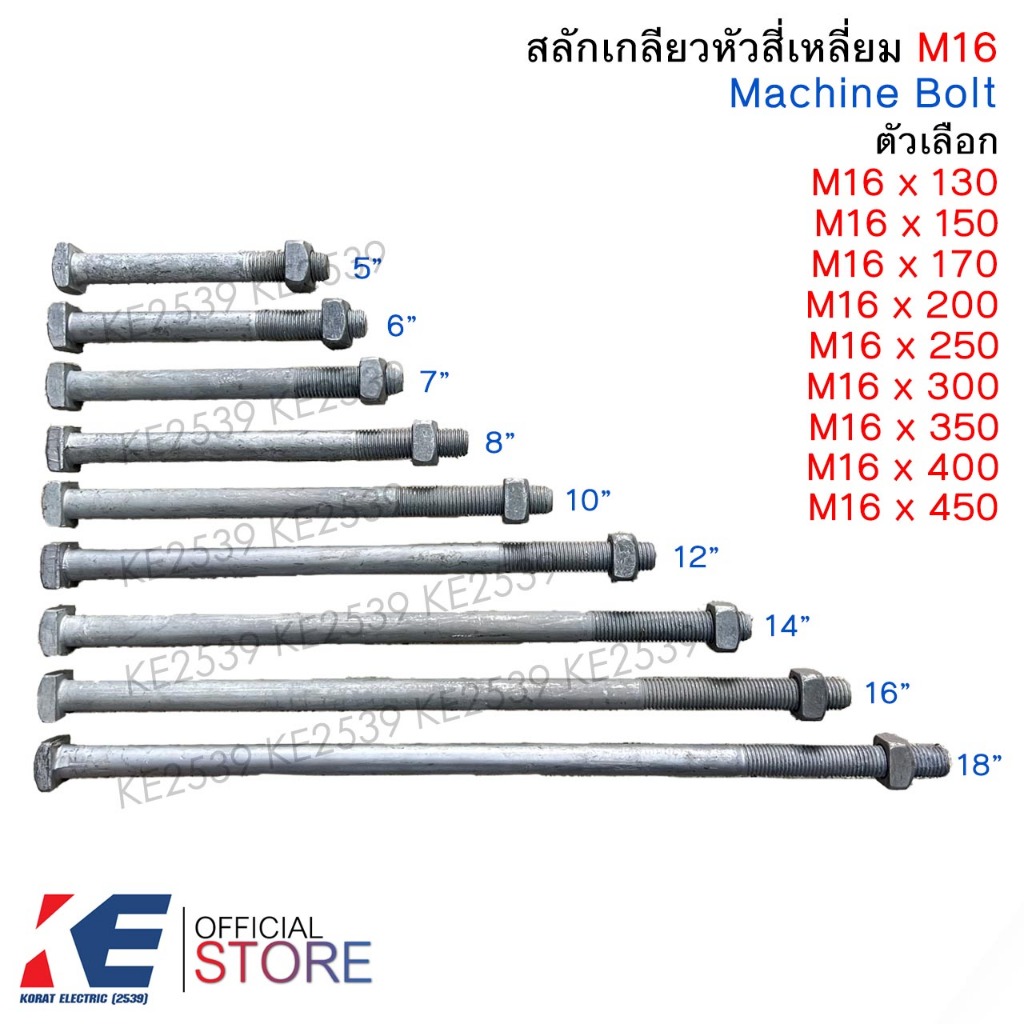 สลักเกลียวหัวสี่เหลี่ยม M16 x 130 150 170 200 250 300 350 400 450 น๊อตร้อยเสาไฟ น็อต ชุบกัลวาไนซ์ Machine Bolt