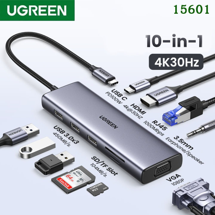 UGREEN รุ่น 15601 HUB 10in1 Adapter Type C รองรับ 4K30Hz / USB3.0x3 Port / PD100W / RJ45 / VGA, SD/T