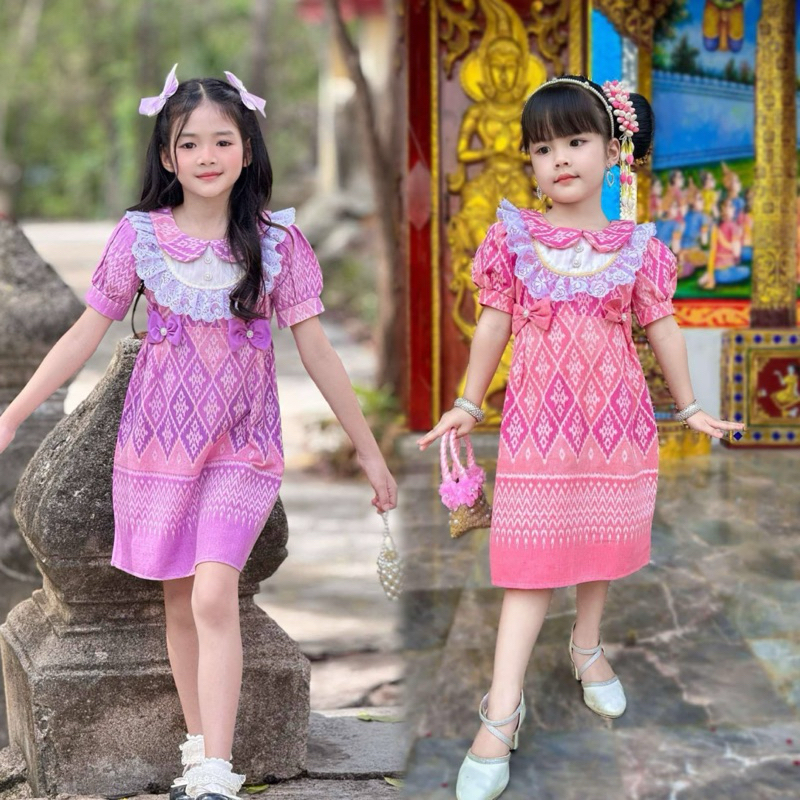 (รหัสKK)เดรสไทยเด็กหญิง เดรสผ้าฝ้ายวินเทจอกแต่งลูกไม้ ด้านหลังใส่ซิปซ่อน ใส่ไปไหนๆก็น่ารัก