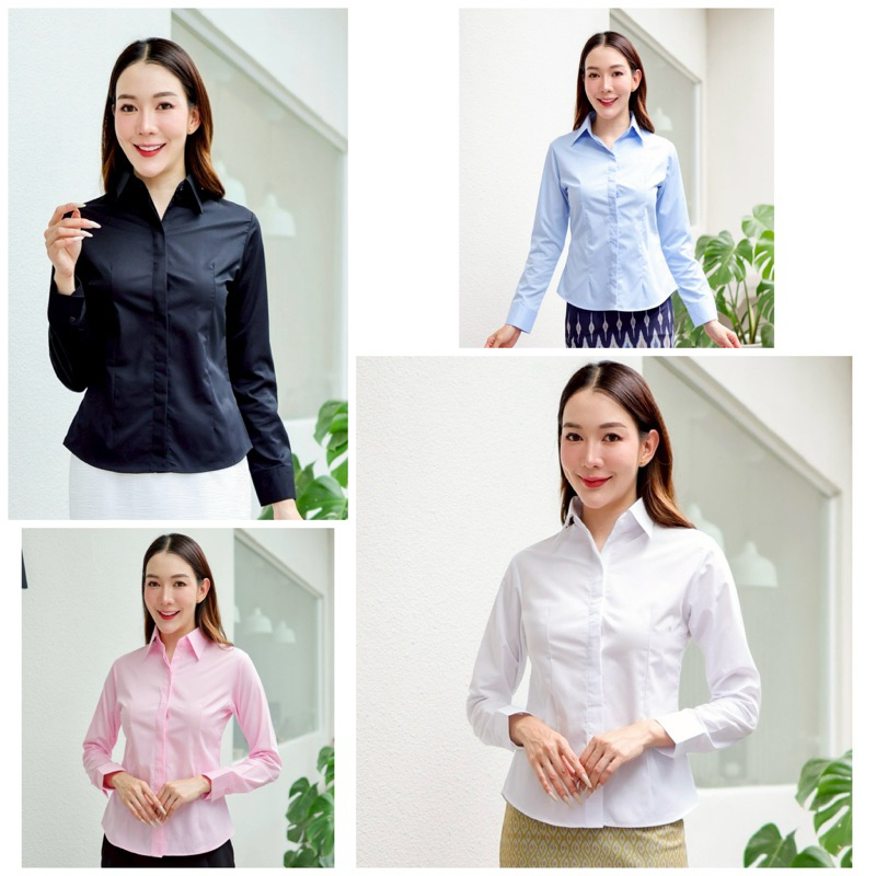 เสื้อเชิ้ตผู้หญิงแขนยาว เข้ารูป ผ้านุ่มใส่สบายใส่ทำงาน ใส่สมัครงาน ใส่เที่ยวได้ มี S-4XL (ซ่อนกระดุม)