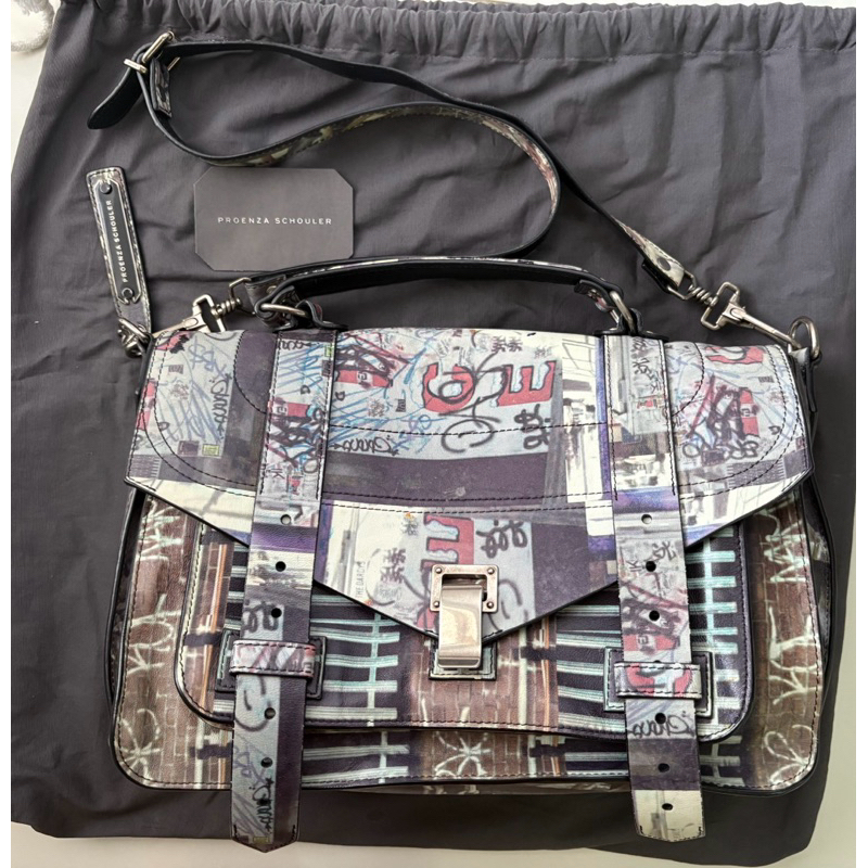 Proenza Schouler Calfskin PS1 Gotham Print Medium Satchel Fence Bike Ice