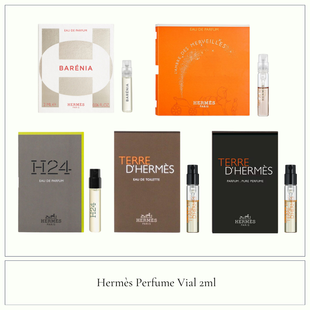 Hermes Perfume Vial 2ml, Terre d'Hermes, H24, Barenia, Twilly d'Hermes, L'ambre des Merveilles