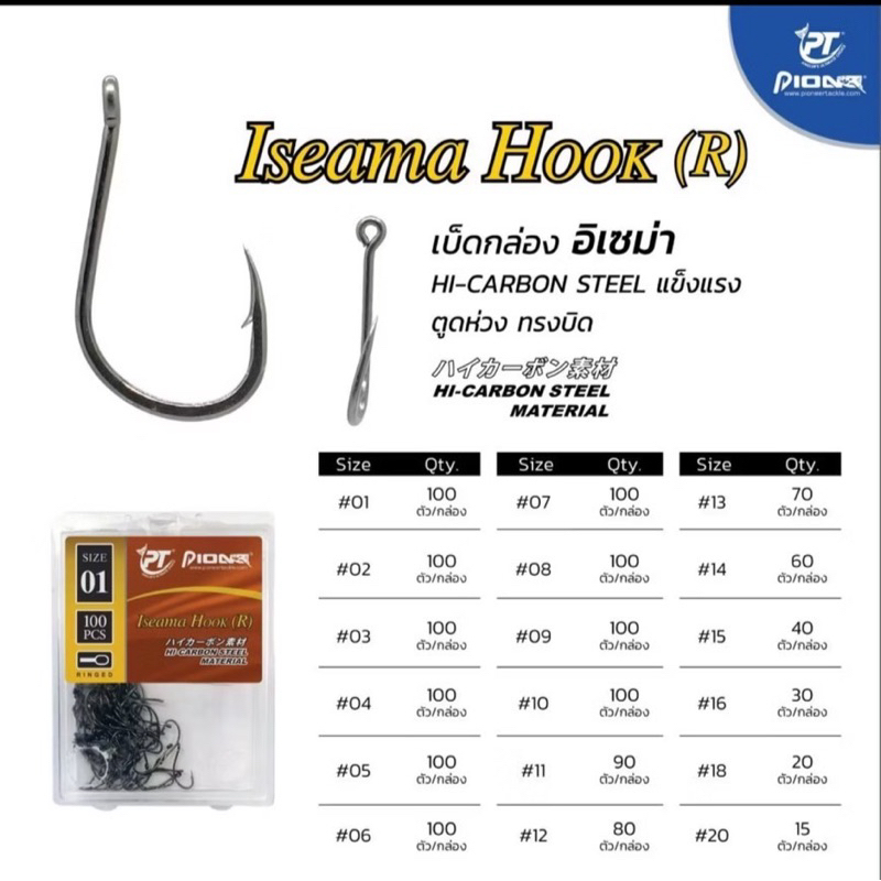เบ็ดกล่อง อิเซม่า ISEAMA HOOK (R) HI-CARBON STEEL ตูดห่วง ทรงบิด by PIONEER #ก้านสั้น