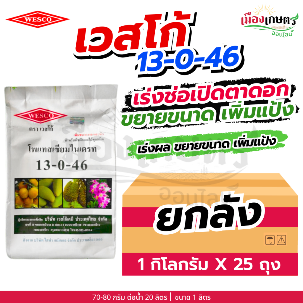 (ยกลัง) เวสโก้ 13-0-46 1 กิโลกรัม X25 เร่งช่อ เปิดตาดอก บำรุงผล เพิ่มแป้ง เพิ่มน้ำหนัก ขยายผล โพแทสเซียมไนเตรท ปุ๋ยเกล็ด – โปรปัง
