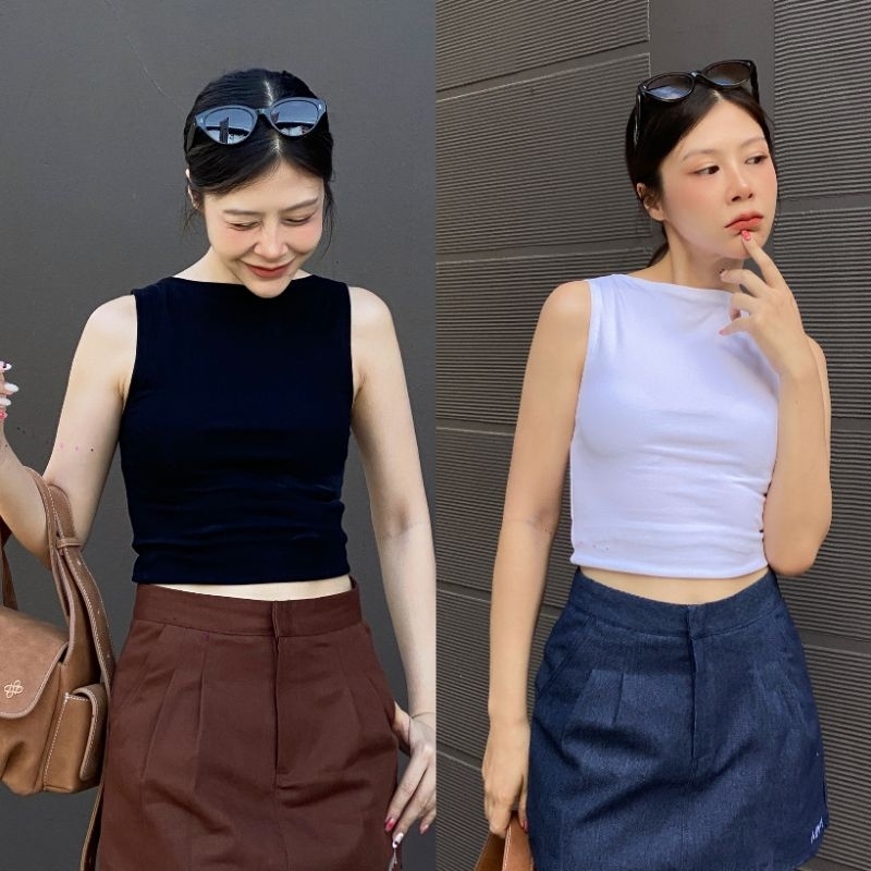 เสื้อกล้ามแขนกุดคอปาดผ้ายูนิโคล สีดำ/ขาว