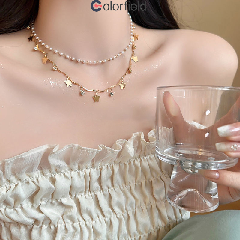 Colorfield สร้อยคอ ผีเสื้อ ไข่มุก ระดับไฮเอนด์ แสงหรูหรา หวาน  สำหรับผู้หญิง กระดูกไหปลาร้าโซ่ แฟชั่น เครื่องประดับ-COD