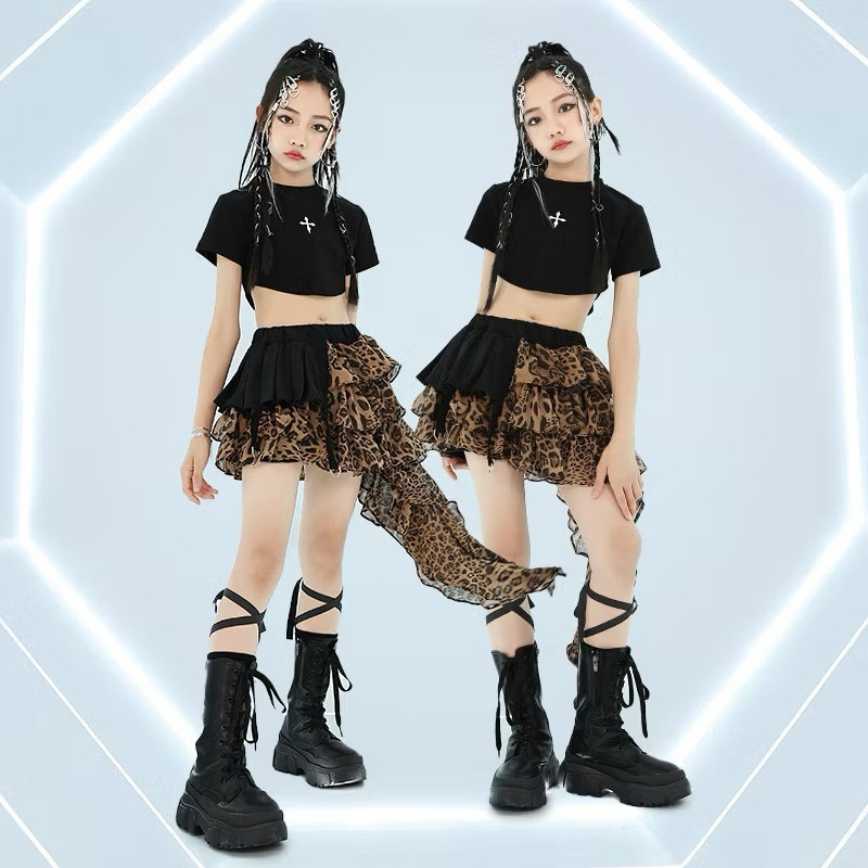 🔥พร้อมส่งในไทย🔥 ชุดนักเต้นฮิปฮอป / ชุดเต้นแจ๊สฮิปฮอป / ชุดฮิปปี้เด็ก กระโปรงแมงกระพรุน กระโปรงลายเสือ - รูปที่ 5