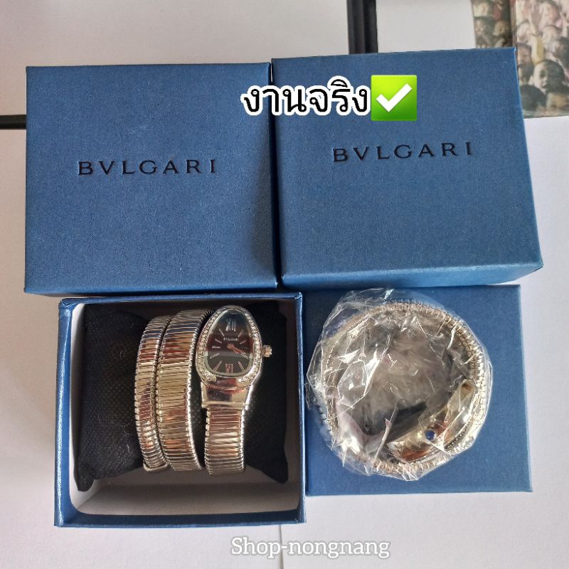 พร้อมกล่อง,หมอนรอง⌚️🕐นาฬิกาข้อมือ นาฬิกา งู ขอบรอบเพรชสีเงิน/ไทเทเนียม,ไม่ใช่พัสติ/บิดปรับได้