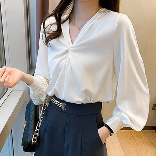 K604 🧸 เสื้อเชิ้ตสาวอวบ รอบอก60++ คอวี แขนยาว เรียบหรู ดูแพง สไตล์ลูกคุณหนูไฮโซ 🧸