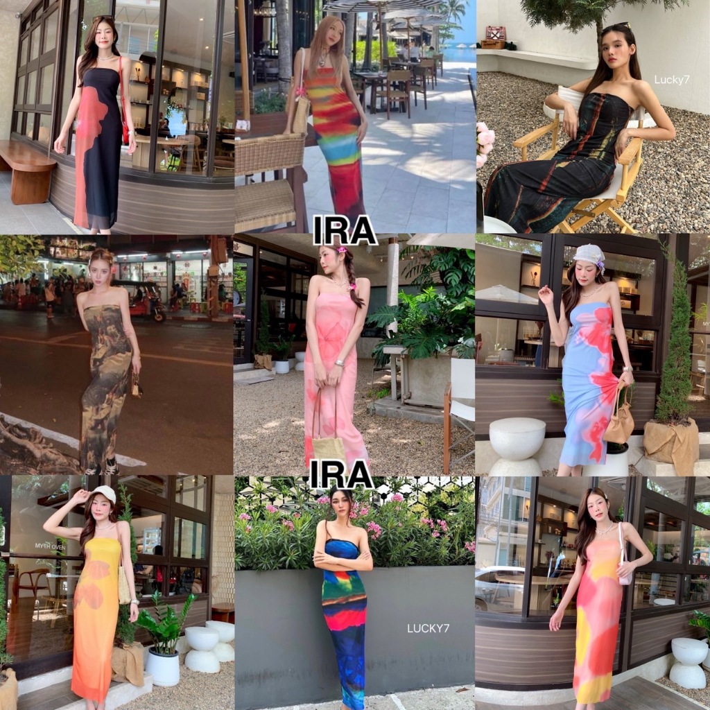 BY IRa  (23007) Tulle dress code เดรสเกาะอกใส่ไปทะเล ผ้า mesh ปริ้นลายคมชัด สวยเซ็กซี่ขยี้ใจ