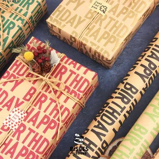 【1 แผ่น】* Vintage Kraft Happy Birthday Wrapping Paper กระดาษห่อของขวัญคราฟท์ลายตัวอักษร HAPPY BIRTHDAY [GW-0022]