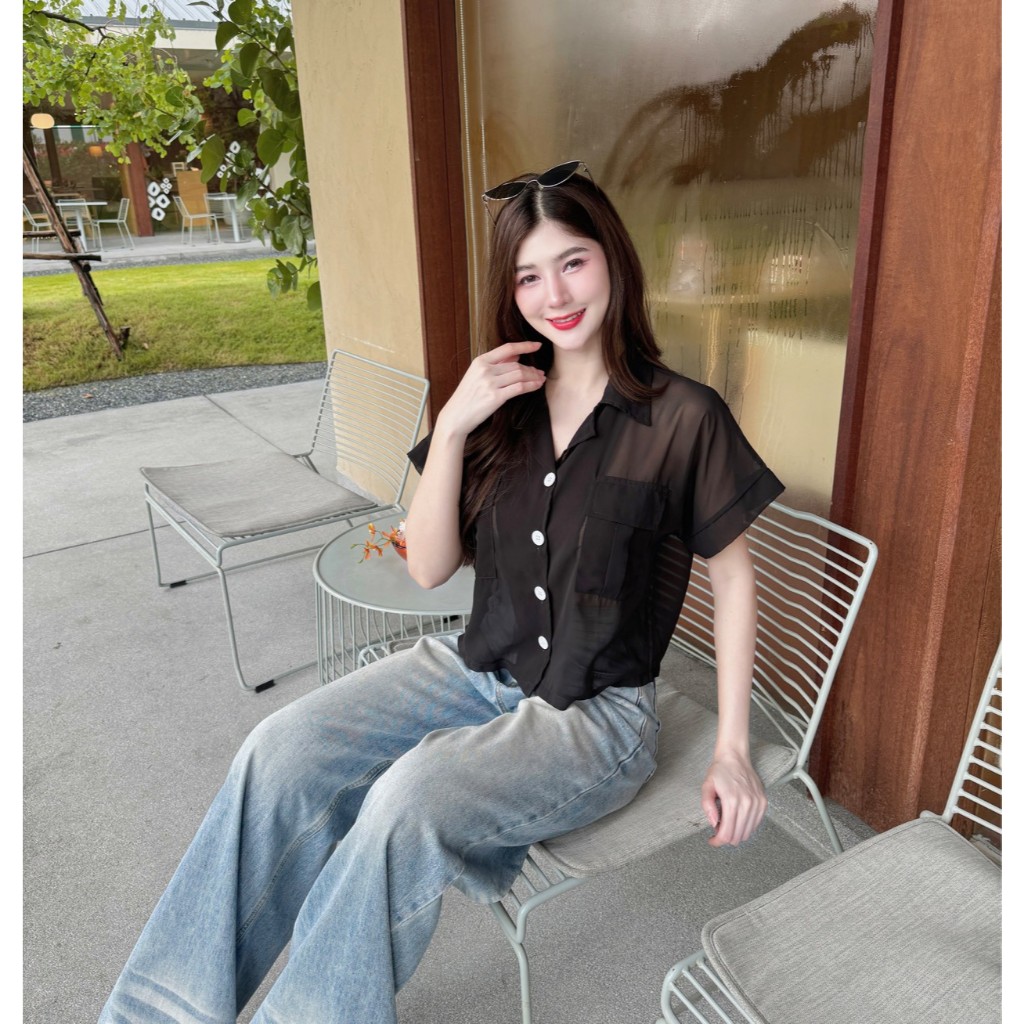 พร้อมส่ง เสื้อเชิ้ตแขนพับ กระเป๋าคู่ ผ้าซีฟอง กระดุมหน้า ใส่สบาย ผู้หญิง คาเฟ่ A6618 - รูปที่ 3