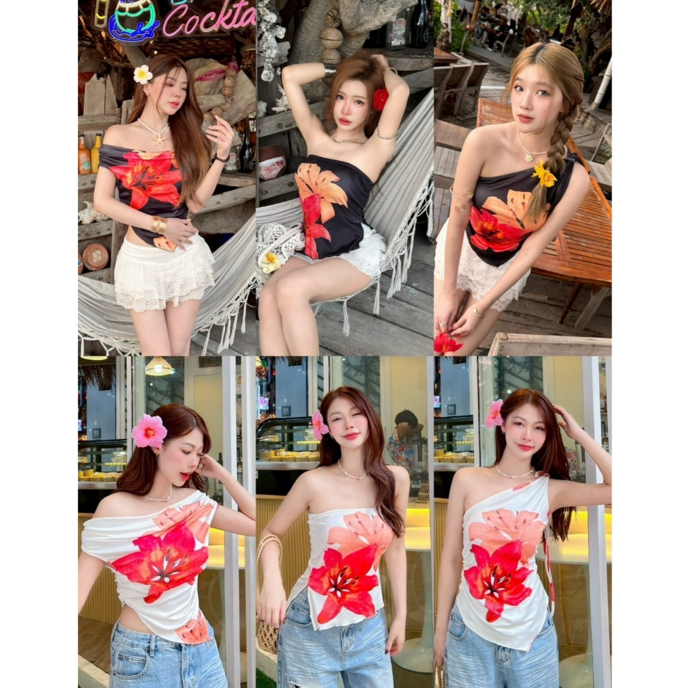 เสื้อปาดไหล่ผูกโบว์ 2 สี : เสื้อปาดข้าง/ปาดไหล่สีขาว ลายชบา ฟิลทะเล สาวอวบใส่ได้ ผ้ายืด Sheeny (S017)