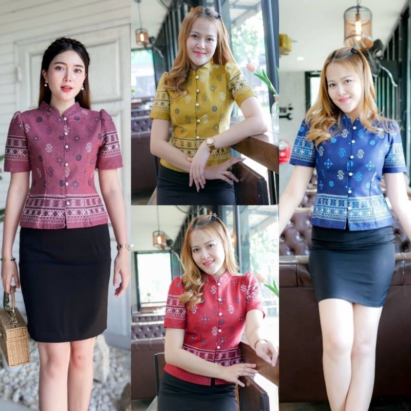 เสื้อผ้าฝ้ายคอจีนไทยจิตรลดา เสื้ออัดผ้ากาว ชุดผ้าไทยใส่ทำงาน