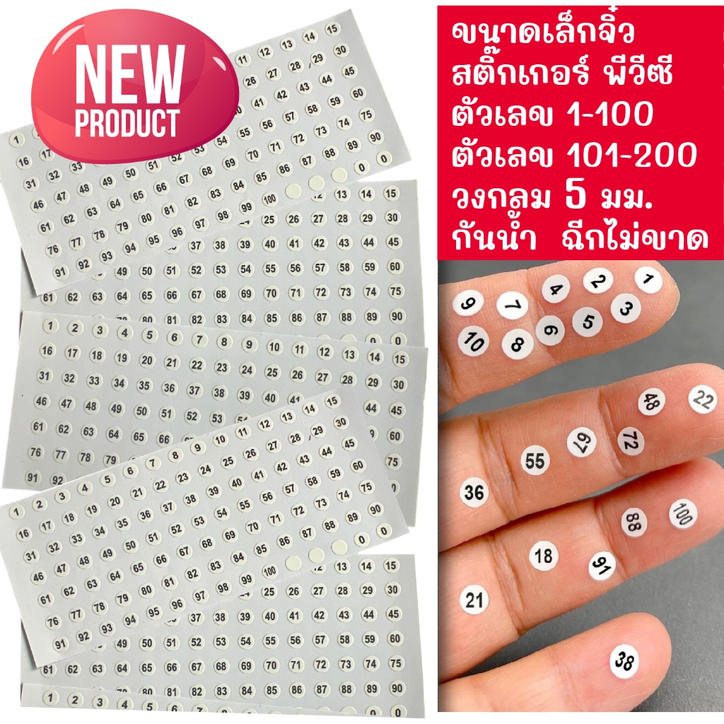 ขนาดเล็กจิ๋ว สติ๊กเกอร์ พีวีซี พื้นสีขาวตัวเลขดำ  ตัวเลข 1-200  ขนาดวงกลม 5 มม. กันน้ำ 100% ทนความเย็น ฉีกขาดยาก ทนแดด