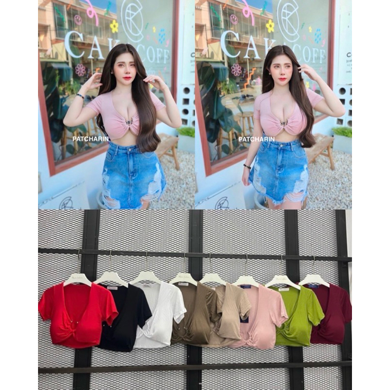 🎊mnv_shop🎊 เสื้อครอปแขนสั้นแต่งห่วงตรงกลาง🔥🔥