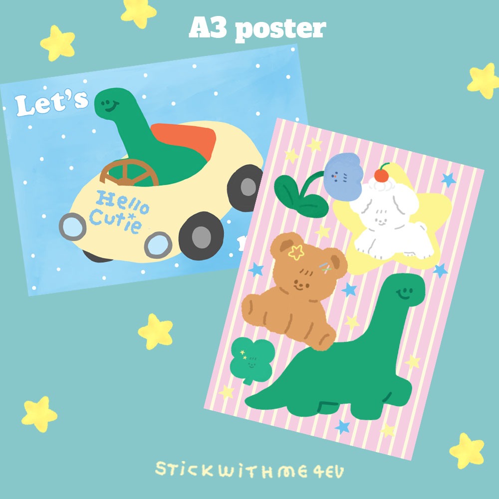 Lovely poster โปสเตอร์ติดผนัง A3 สำหรับตกแต่งห้อง ลายไดโน เท๊ดดี้ และน้องหมาบิงบิง  | Stickwithme4ev