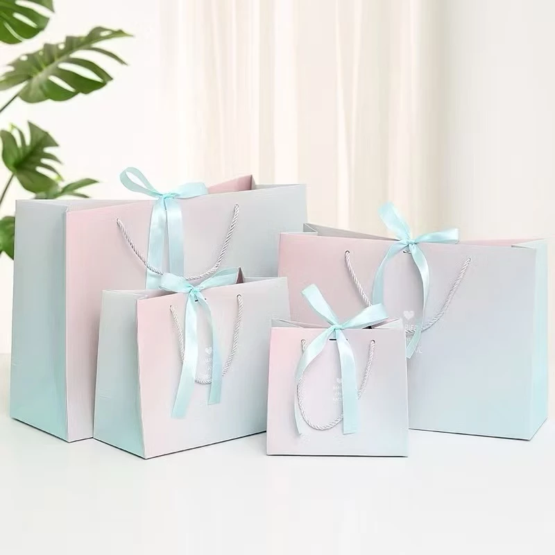 💐DIY💐ถุงกระดาษ ถุงของขวัญ โทนสีผสมชมพู-ฟ้า พร้อมโบว์ผูก S M L XL