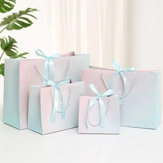 💐DIY💐ถุงกระดาษ ถุงของขวัญ โทนสีผสมชมพู-ฟ้า พร้อมโบว์ผูก S M L XL