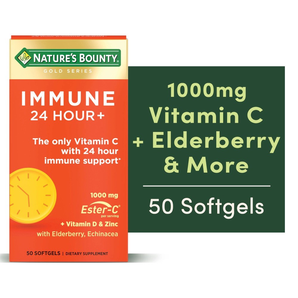 (09/2026) Nature's Bounty Immune 24 Hour Vitamin C, D3 & Zinc for Immune Support, 1000 mg Softgels, 