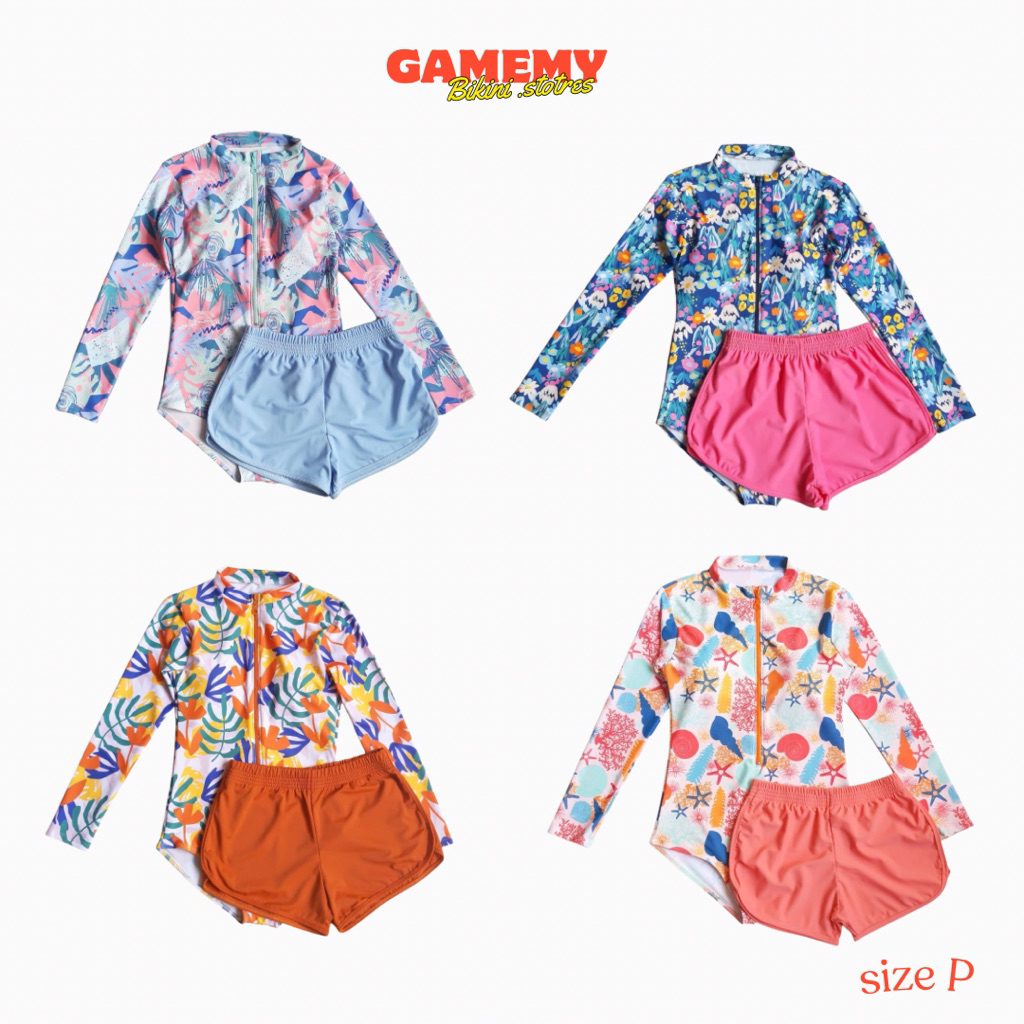 Gamemy bikini  ชุดว่ายน้ำวันพีชแขนยาว+ขาสั้นสำหรับสาวอวบ[size P]