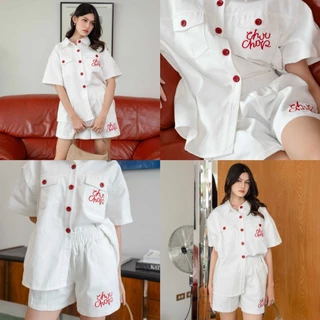 CHUUCHOP - (M-XL) Redvelvet denim set ชุดเซ็ทยีนส์ เสื้อแขนสั้นเเละกางเกงขาสั้นยีนส์ ได้สองชิ้น (C8320