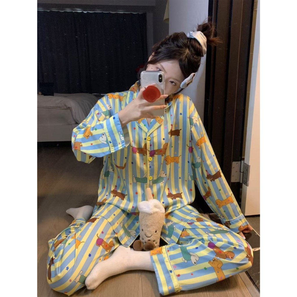 (ส่งด่วน) AN-LL ชุดนอนแขนขายาว คอปก ชุดนอนเซ็ต ผ้าคอตตอนย่น ใส่สบาย ลายน่ารัก ชุดนอนผู้หญิง สินค้าพร้อมส่ง