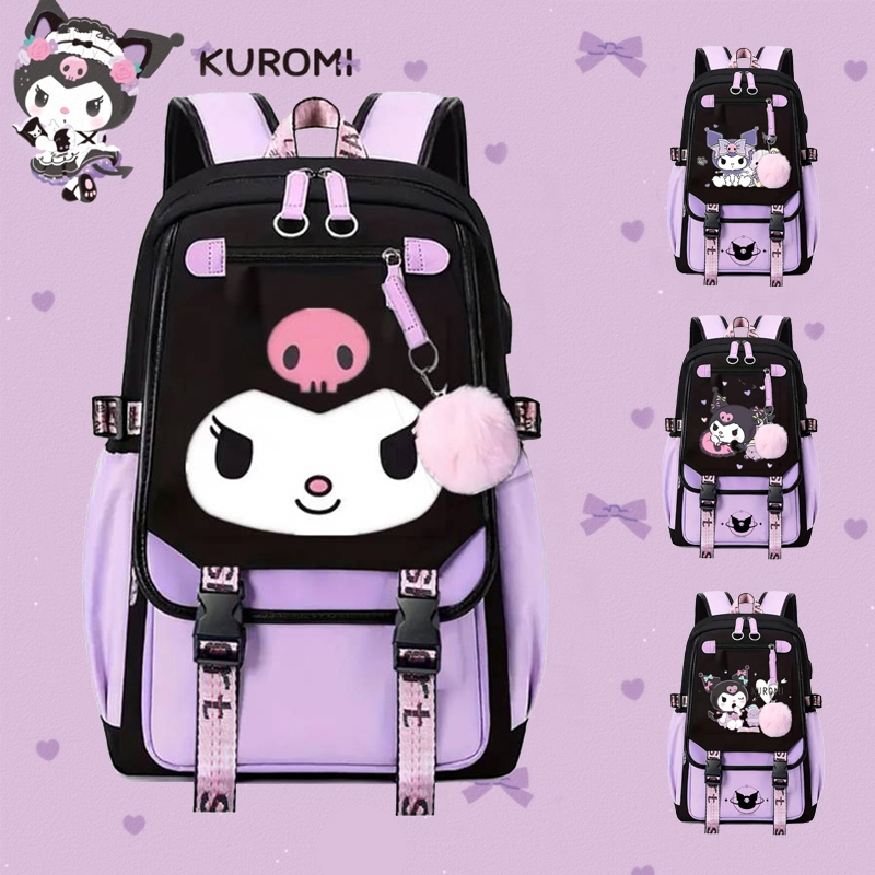 Sanrio - กระเป๋าเป้นักเรียน Kuromi ความจุขนาดใหญ่ ระบายอากาศได้ บุคลิกภาพ อเนกประสงค์ กระเป๋านักเรียนหญิง กระเป๋า