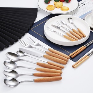 ShopAt.Two[ST-2025] ช้อนส้อม มีดเนย ช้อนส้อมสแตนเลสด้ามไม้ ส…