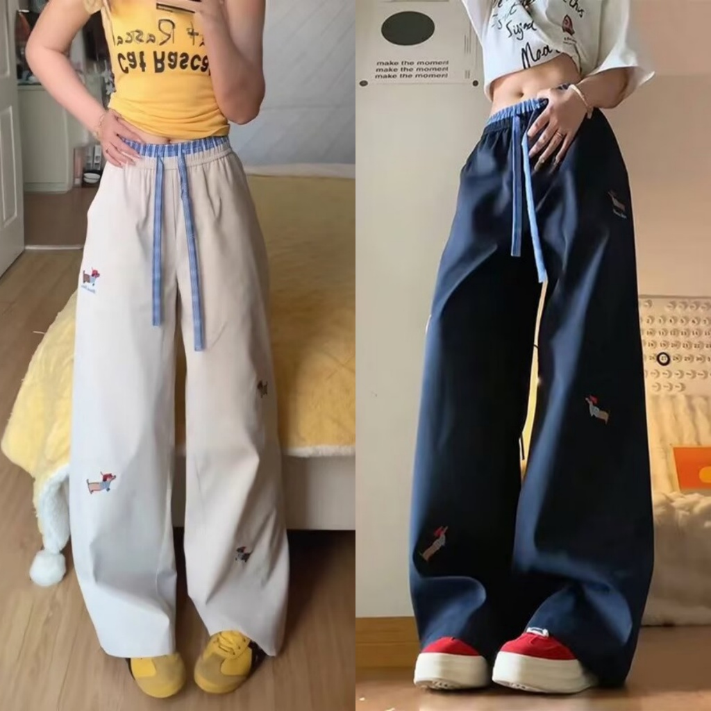กางเกงวอร์มผู้หญิง ทรงหลวม ใส่สบาย ปักลายดัชชุนด์ ใส่ได้ทั้งชายและหญิง