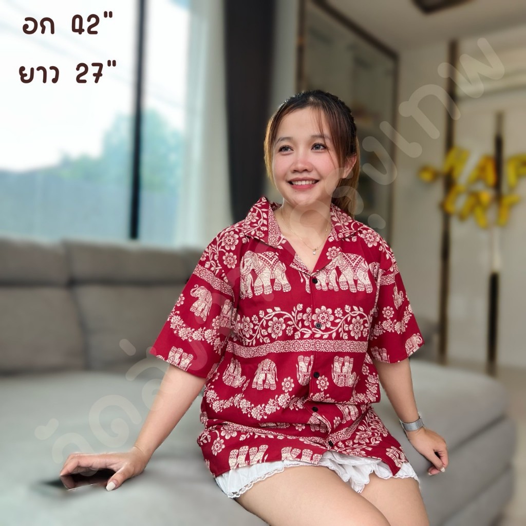 เสื้อเชิ้ตลายช้าง ผ้าไหมอิตาลี กระดุมหน้า ผ้าเบาใส่สบาย ไม่ร้อน อก42นิ้ว ยาว27นิ้ว - รูปที่ 2