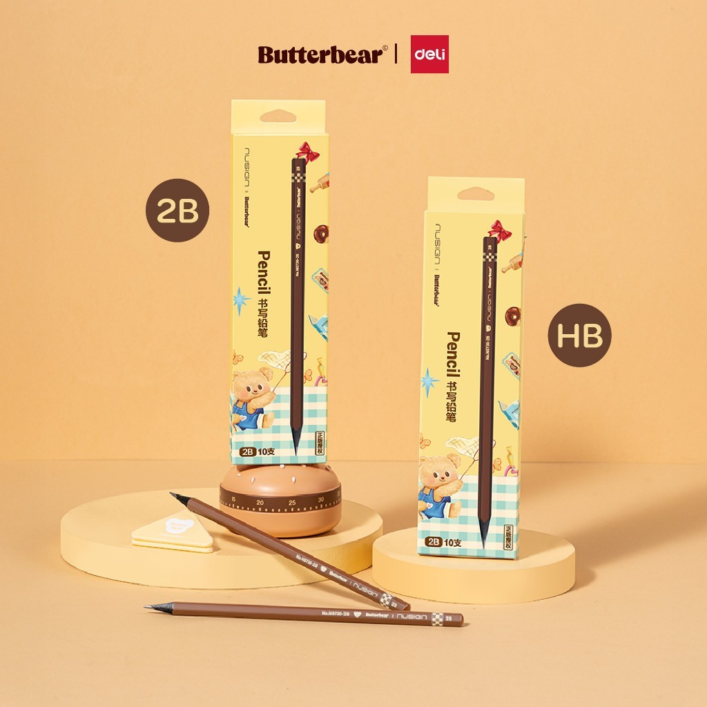 ButterBear X Deli ดินสอไม้สีดำ Nusign ลายหมีเนย HB/2B (แพ็ค 12 แท่ง)