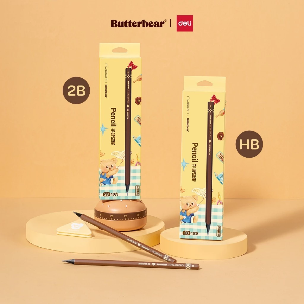 ButterBear X Deli ดินสอไม้สีดำ Nusign ลายหมีเนย HB/2B (แพ็ค 12 แท่ง)