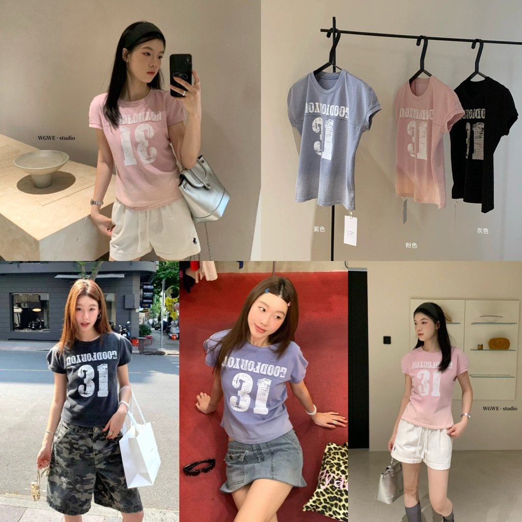 WG.WE 5668 🎡 เสื้อยืดผ้าฟอกสกรีนลายอย่างดี แขนตุ๊กตาน่ารัก