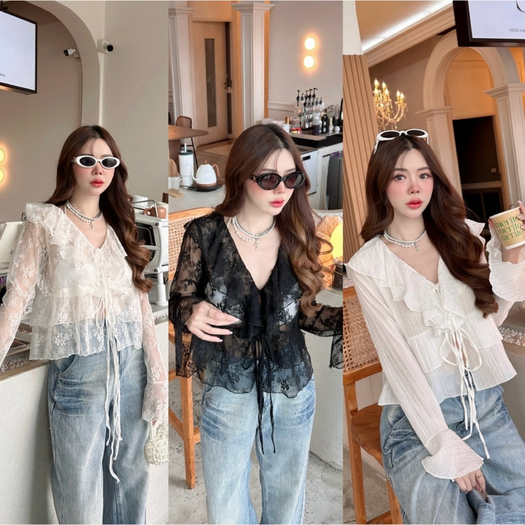 Bershka : เสื้อครอปแขนยาวคอปกแต่งระบาย เสื้อแขนกระดิ่ง ผ้าลูกไม้ ผูกอก น่ารักมาก งานทะเล คาเฟ่ สาวอวบ SHEENY (S021)