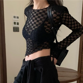 เสื้อถักไหมพรมแขนยาว คอกลม ดีเทลลูกไม้ซีทรู สไตล์เกาหลี แฟชั่น