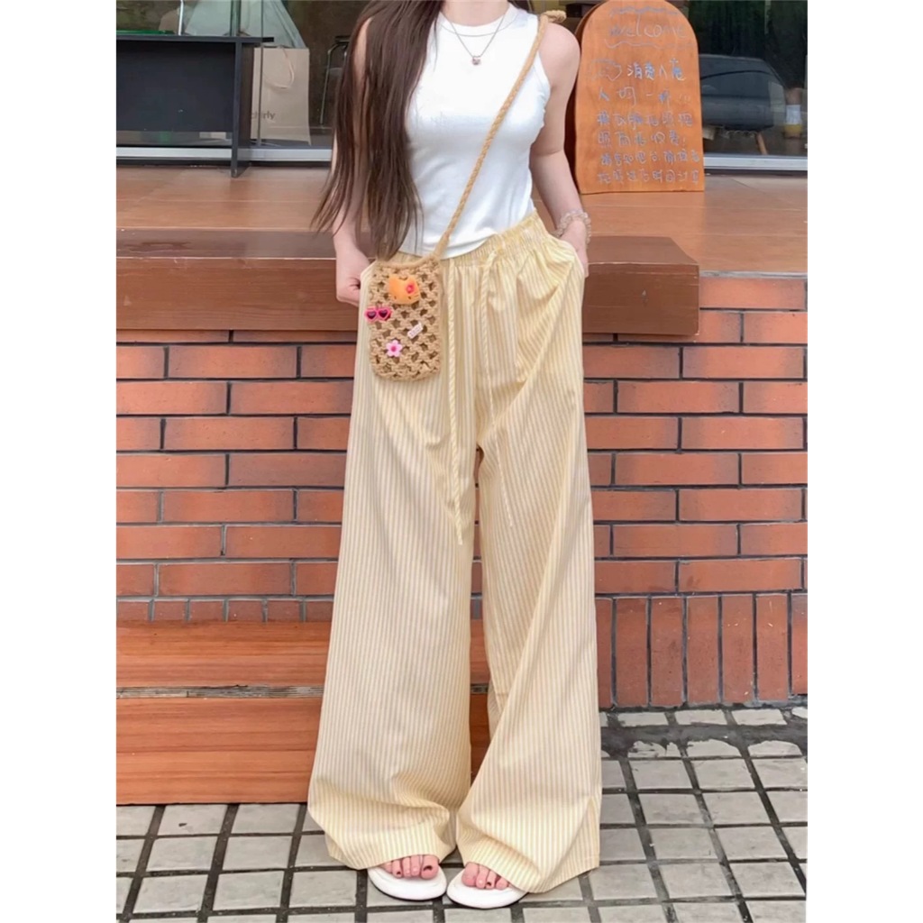 กางเกงขายาวผู้หญิง ทรงตรง ลายทาง คละสี เอวยางยืด มีเชือกผูก