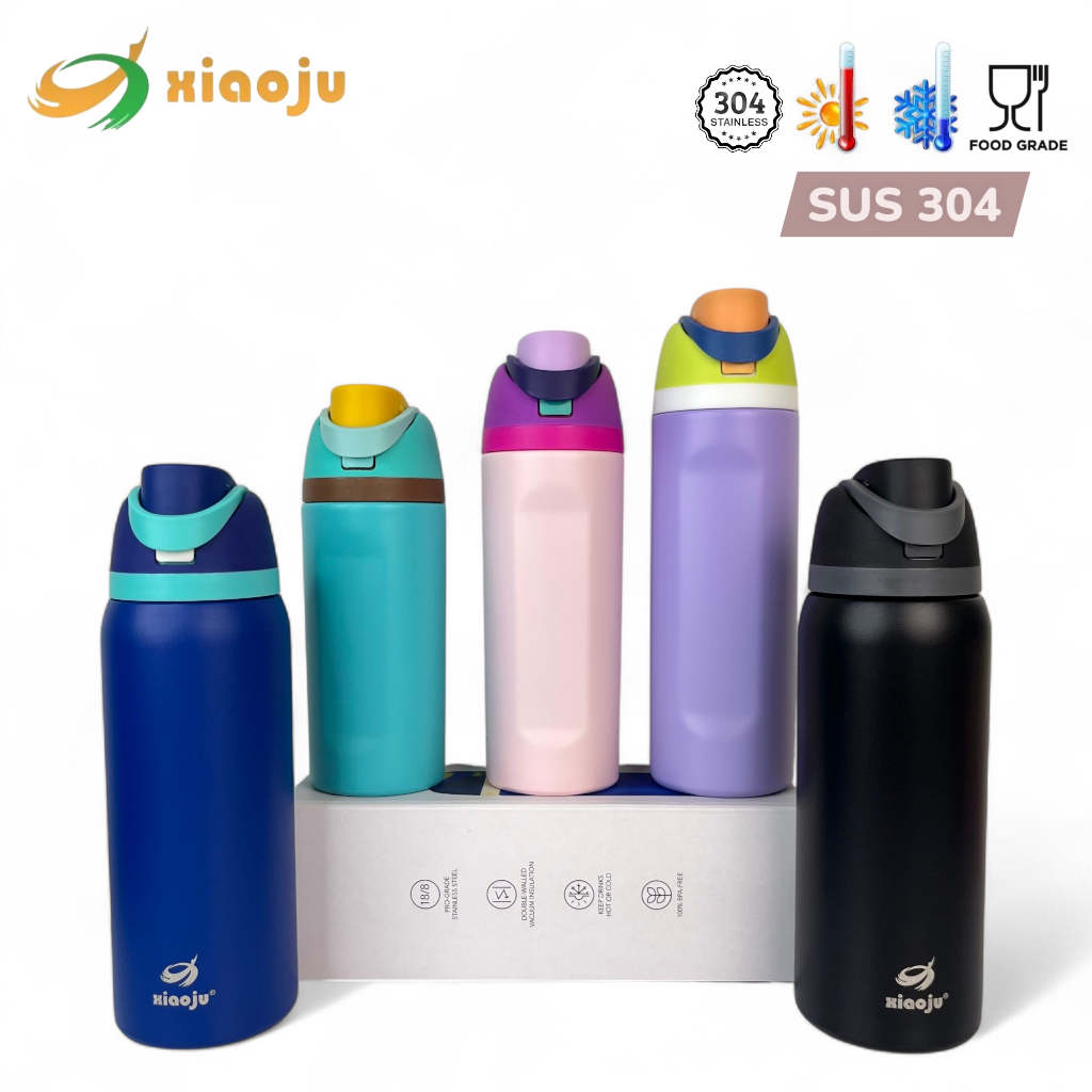 XIAOJU กระบอกน้ำเสี่ยวจู เก็บเครื่องดื่ม ร้อน&เย็น SUS304 มีหูหิ้ว พร้อมตัวฝาเปิดยกดื่มได้และหลอดดูด