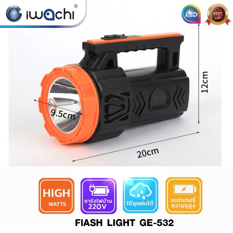 ไฟฉายแรงสูง 150W แบบถือหิ้ว พร้อมไฟข้าง แบตเตอรี่ลิเธียม ชาร์จUSB-C ส่องไกล1,000M กันน้ำฝน IP44
