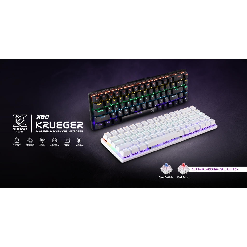 คีย์บอร์ดเกมมิ่ง Mechanical 🌳NUBWO X68 KRUEGER 🧩 68ปุ่ม ถอดสายได้ / มี keycaps แถม 7 ปุ่ม NEW(มาใหม่