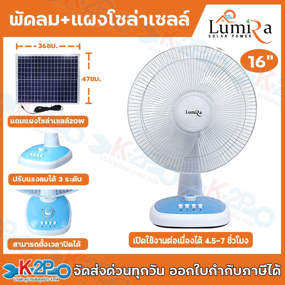 Lumira LFN-031 พัดลม โซล่าเซลล์ 12V 20W ใบพัด 3ใบ 16นิ้ว พร้อมแบตเตอรี่และแผงโซล่าเซลล์