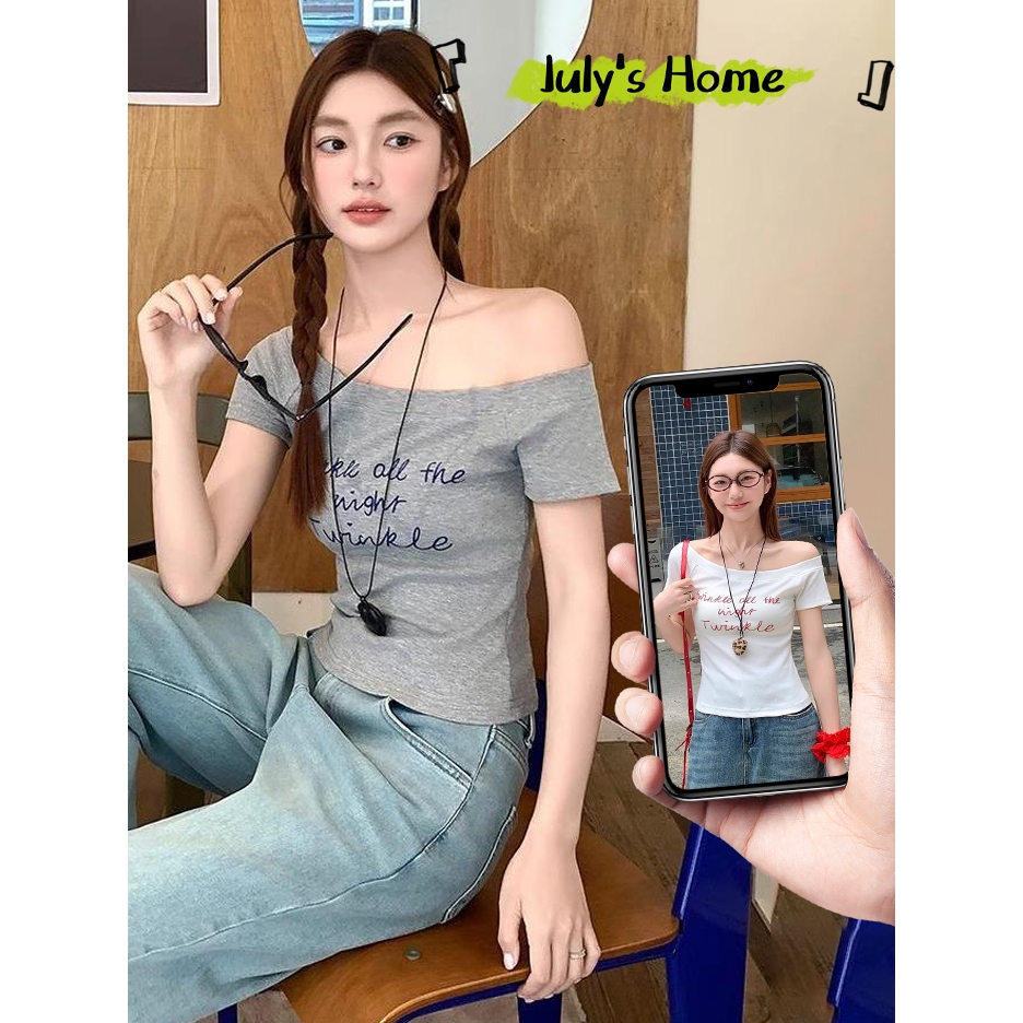 เสื้อครอป  เสื้อครอปปาดไหล่  สายหวาน สกรีนลาย เเฟชั่นเซ็กซี่ ไหล่เอียง #J2319