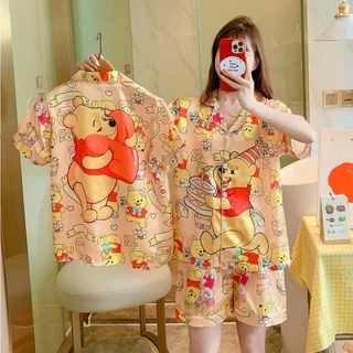 ชุดนอนผ้าซาติน ชุดนอนผู้หญิง แขนสั้นขาสั้น ผ้าเย็นงานใส่สบาย GLB